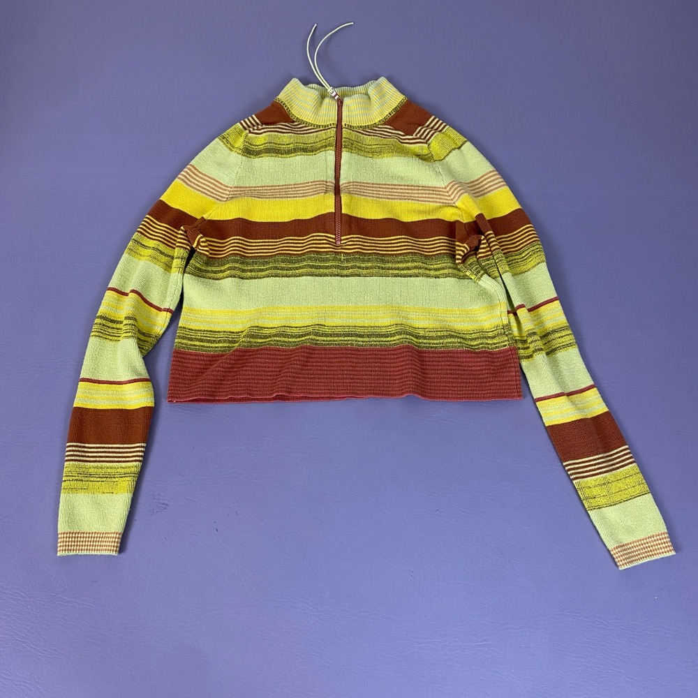 Free People Sweater Women's Medium Striped 1/4 Zip Cropped Green Yellow Brown